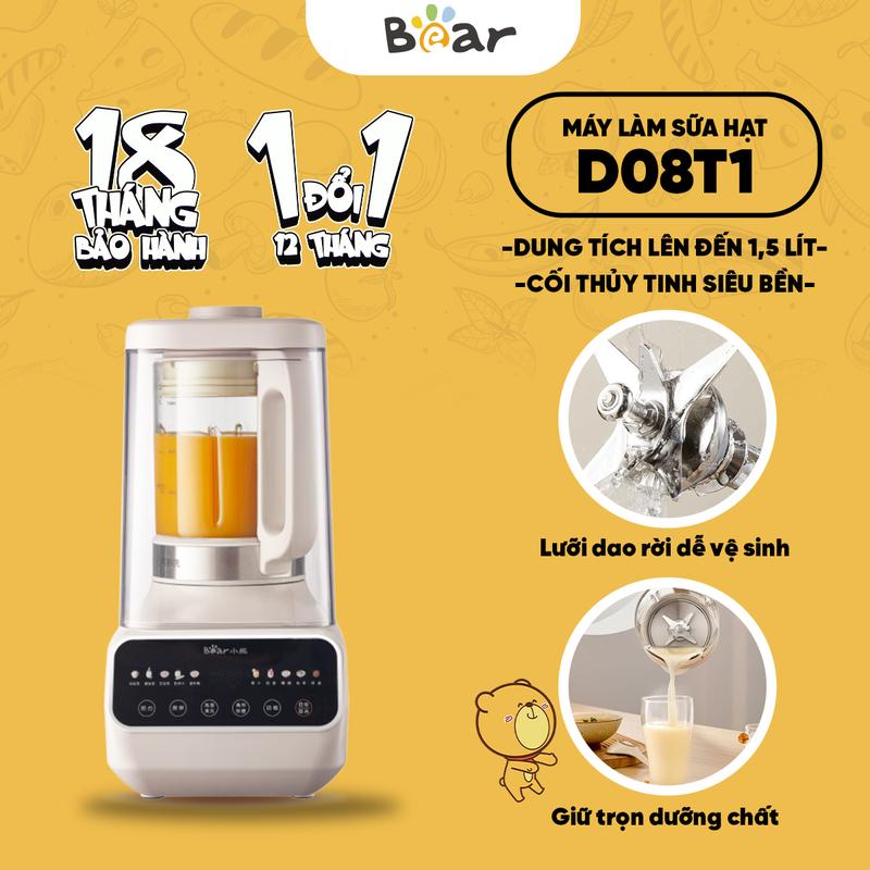 Máy làm sữa hạt chống ồn 1.5L Bear PBJ-D08T1 - Xay sinh tố - nấu nhuyễn mịn, hoạt động êm ái - Hàng Chính Hãng