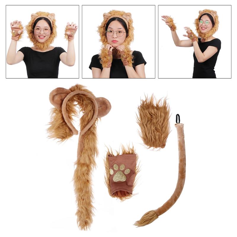 SAN3 Halloween Costume Lion Plush Ears Headband Tail and Paws Kit Lion Fingerless Costume for Adults Kids Halloween Decor 0