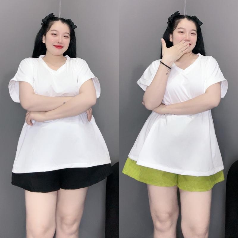 Set đồ bigsize nữ áo tay hến cổ tim chất cotton mềm kèm quần đùi ống rộng chất đũi xốp lưng thun co giãn - SET906