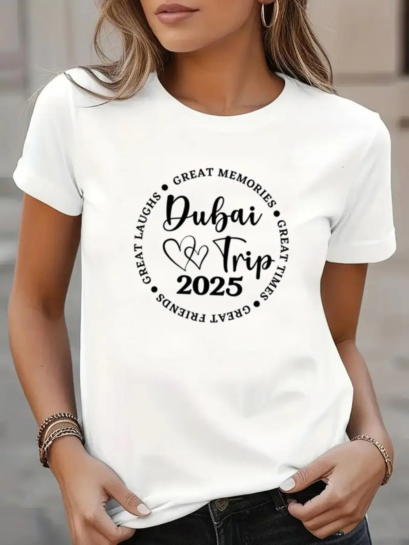 Women's Cartoon Letter Print Round Neck Tee, Casual Short Sleeve Crew Neck T-shirt for Daily Wear, Ladies Clothes for All Seasons, Top