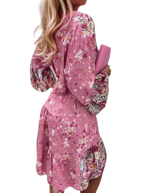 Women's Ditsy Floral Print Patchwork Tiered Layer Smock Dress, Boho Flounce Sleeve   Short Dress for Daily Wear, Ladies Dress for Spring & Fall 4