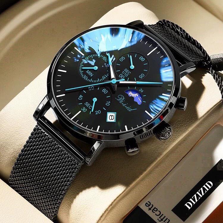 Đồng hồ nam cao cấp DIZIZID dây thép lụa đen chống nước tốt - Kim phản quang - Chạy full 6 kim và lịch ngày - Tặng kèm pin dự phòng DZTD8979