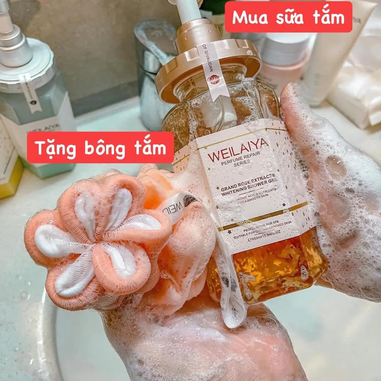 Sữa tắm trắng da hương nước hoa Weilaiya 450ml  (2 mùi hương) Tặng bông tắm cánh hoa