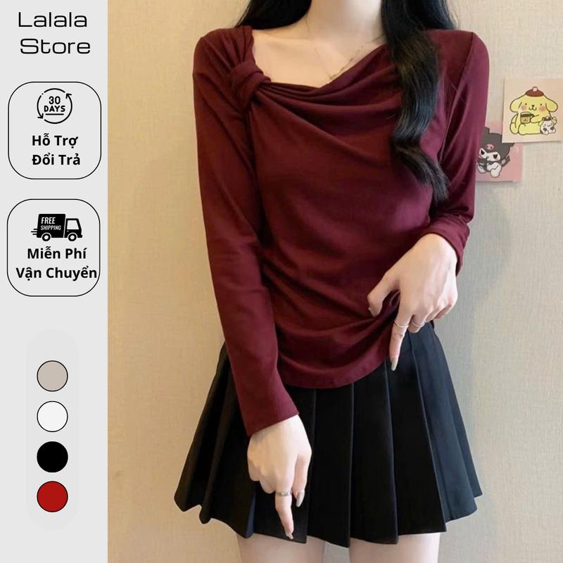 Áo Thun Kiểu Nữ Dài Tay Lalala Store, Áo Kiểu Nữ Xoắn Vai Vạt Eo Che Khuyết Điểm Chất Liệu Thun Tăm 199