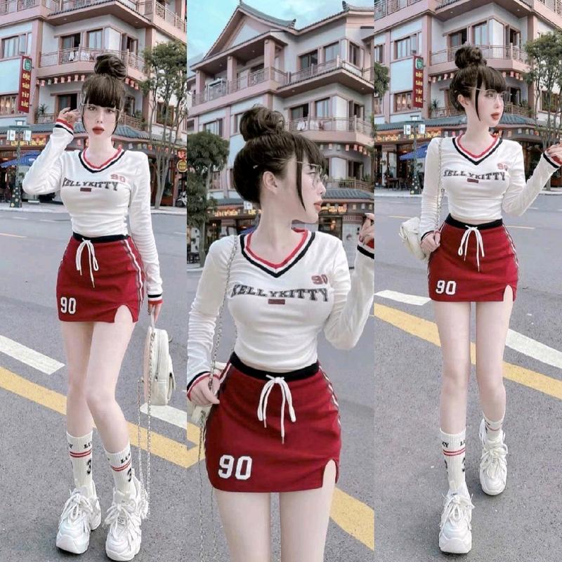 Set Áo Croptop Tay Dài Phối Màu Kèm Chân Váy Chữ A Năng Động Women 0