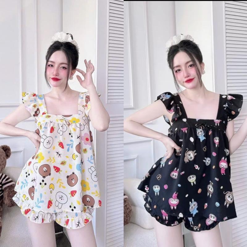 Đồ bộ lụa cánh tiên quần đùi, áo phối nơ nhỏ, hoạ tiết hoạt hình dễ thương, chất vải xốp đũi mềm (40-60kg) Nữ - Women ngủ 2 dây bản