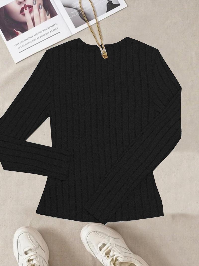 Product Introduction of Women's Plain Textured Fake Buttons Wrapped Ruched V Neck Tee Without Necklace, Elegant Casual Long Sleeve T-Shirt, Ladies Fall & Winter Top 5