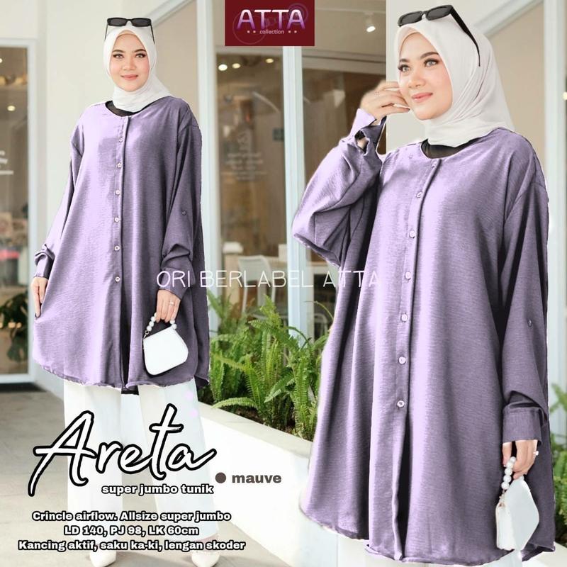 Product Introduction of Atasan Wanita Kemeja  Polos Areta Tunik Jumbo LD140 Bahan Crincle Airflow Full Kancing Oversize Muslim 30