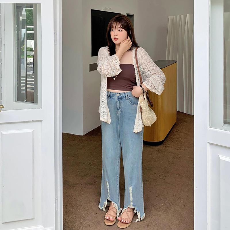 Quần Jean Nữ, Quần Suông Ống Rộng Màu Xanh Nhạt Mài Rách V Lai Dài 105cm Thời Trang BigSize Denim hot hit 0113 0114 Nữ Pants Baggy Women Ong