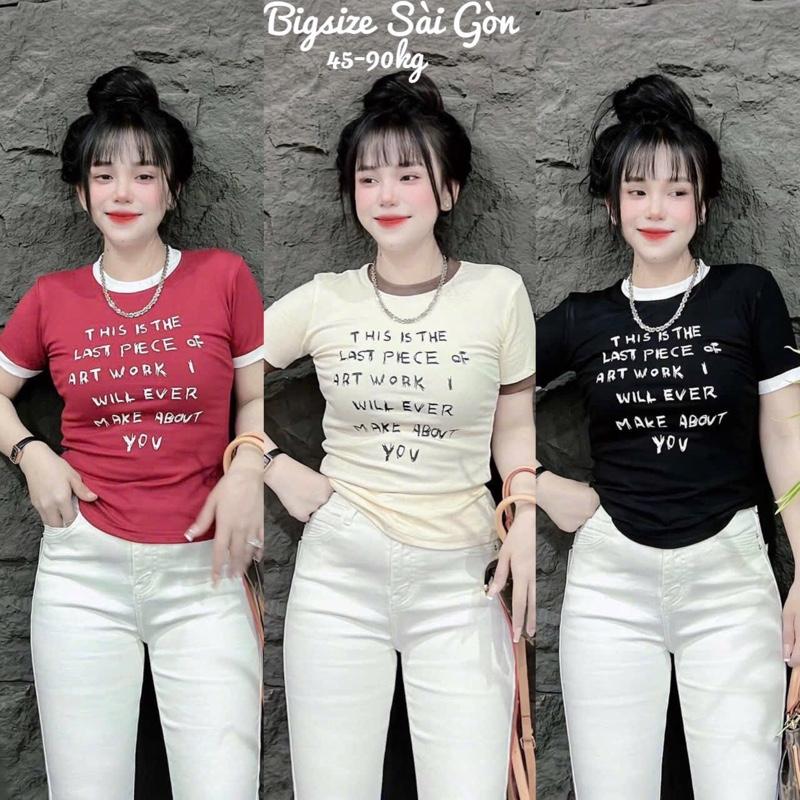 Áo Thun Cổ Tròn In Vải Thun Gân Tăm  Có Bigsize 45- 90 Kg Dễ Thương Nữ Women Top Đen Cổ Tròn Sơ Mi - B.1471