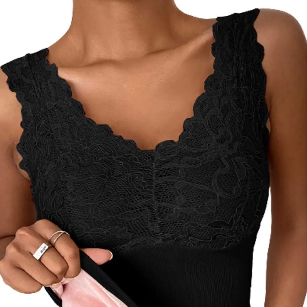 Black Lace Trim Padded Thermal Vest