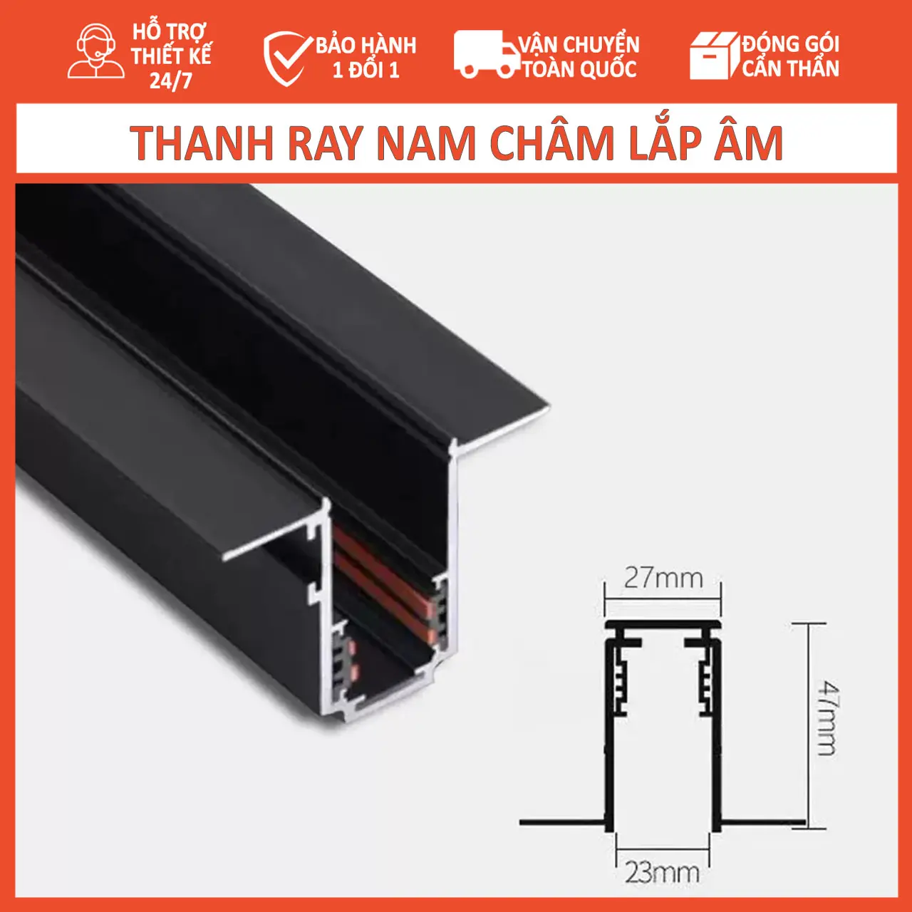 Thanh ray nam châm âm trần, nổi trần, gắn trần dùng để lắp đặt hệ đèn nam châm. Kích thướng: 65x22mm, sơn tĩnh điện đen