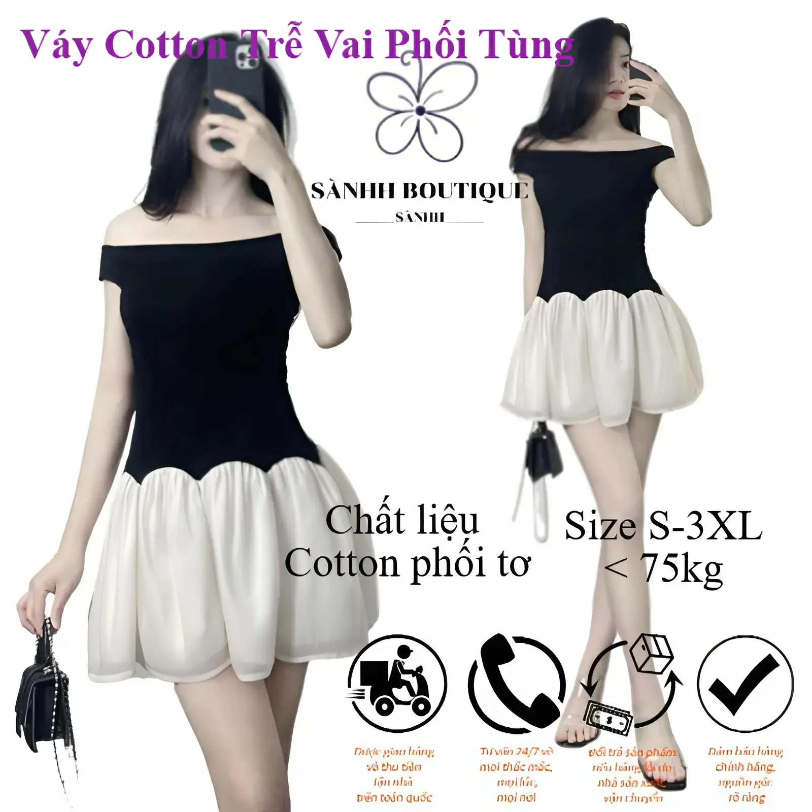 Váy Cotton Trễ Vai Phối Tùng Xòe Dáng Ngắn Tiểu Thư – Đầm Mini Bẹt Vai Đuôi Bí Phồng- Mã 383