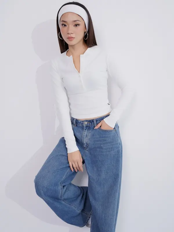 THEKIM Áo thun dài tay cổ tròn cúc ngực , chất liệu Rib cloud 100% cotton vải dày mềm mịn T259 3