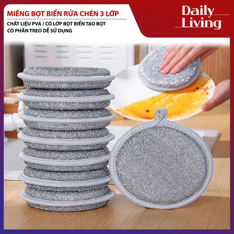 Miếng Rửa Chén Bát 3 Lớp DLS Giẻ Bọt Biển Rửa Bát Đĩa Đũa Cọ Xoong Nồi Đa Năng Tạo Bọt Có Móc Treo Tiện Lợi