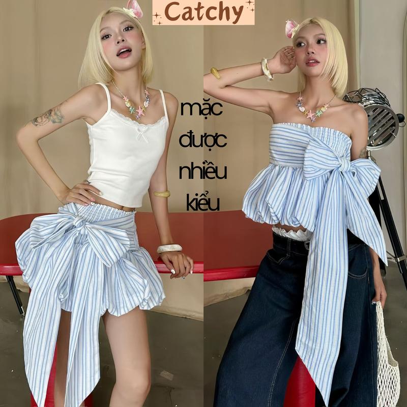 (NHIỀU MÀU) Set Áo Quây 2in1 Dáng Bí Cột Nơ To Mặc Được Nhiều Kiểu Phối Chân Váy Ngắn Chữ A Cạp Trễ Phong Cách Xinh Xắn Năng Động