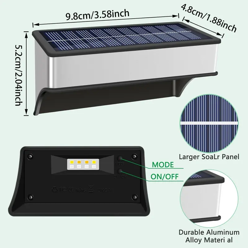 Solar Powered 8LED Fence Light, Solar Deck Light, Solar Step Light, Stainless Steel RGB Color Light Mode, Super Bright Solar Landscape Light for Courtyards, Gardens 1