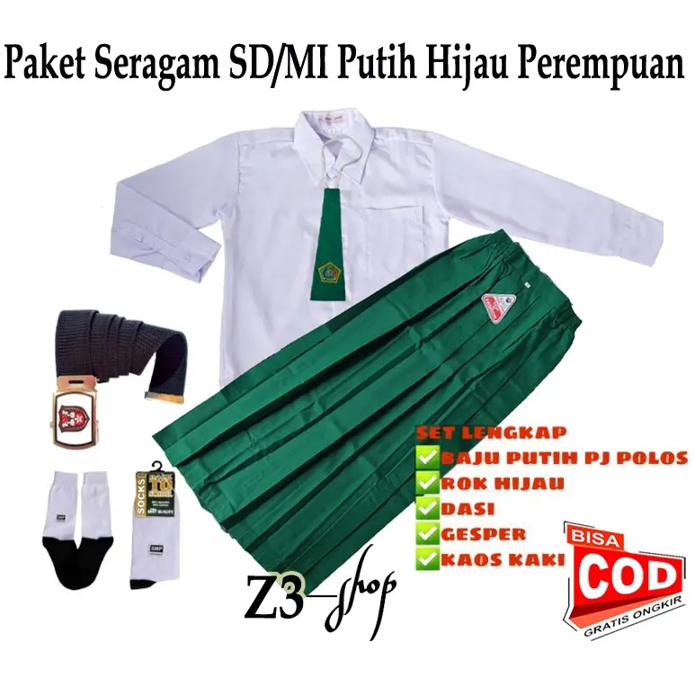 Setelan Seragam Sekolah Madrasah MI Putih Polos Rok Hijau Perempuan Lengan Panjang Kelas 1-6 Anak Baju Fashion  Sd  Set 1