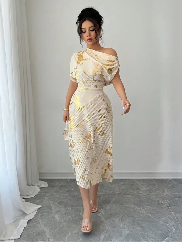 Women's All Over Print Asymmetrical Neck Dress, Elegant Fashion Casual Dress for Daily Outdoor Wear, Women Dress for Summer 2