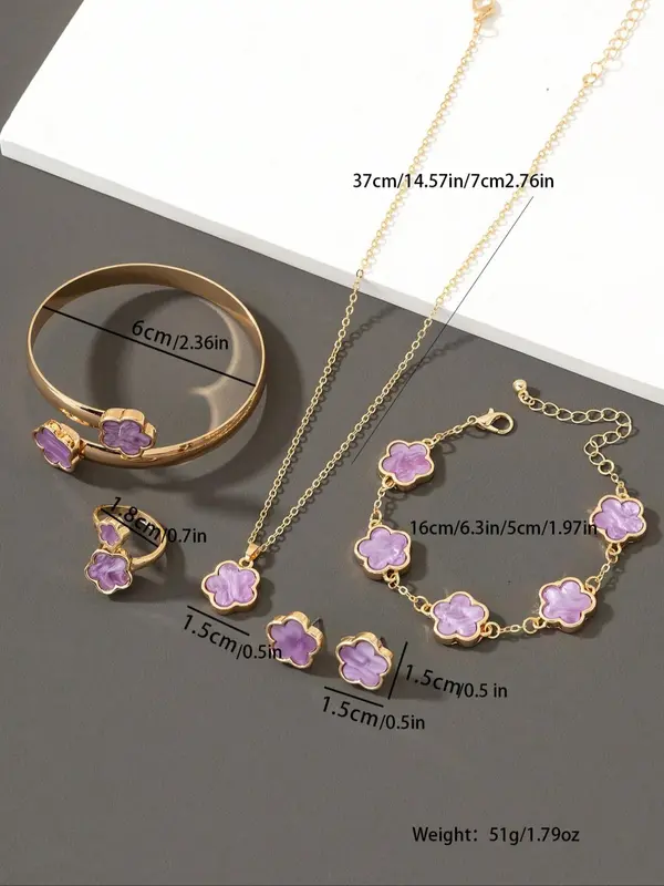 Women's Elegant Flower Design Jewelry Set, Including Pendant Necklace & Bracelets & Ring & Stud Earrings, Fashion Jewelry Set for Party, Daily Decor, Trendy All-match & Exquisite Jewelry for Birthday Gift 1