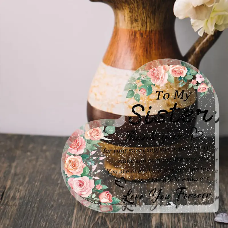 Flower & Letter Pattern Acrylic Decor Sign, Heart Shaped To My Sister Thank You Gift, Sister Friendship Plaque for Women, Desk Ornament, Memorial Gift 3