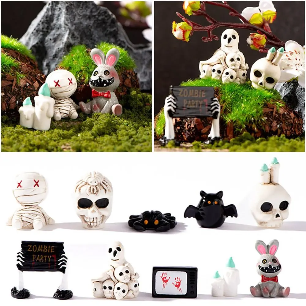somna Craft Mini Halloween Miniature Figurine Spider Bat Candle Skull Cartoon Scary Rabbit Statue Party Ornaments Micro Landscape Desktop Knick-knack Festival Supplies