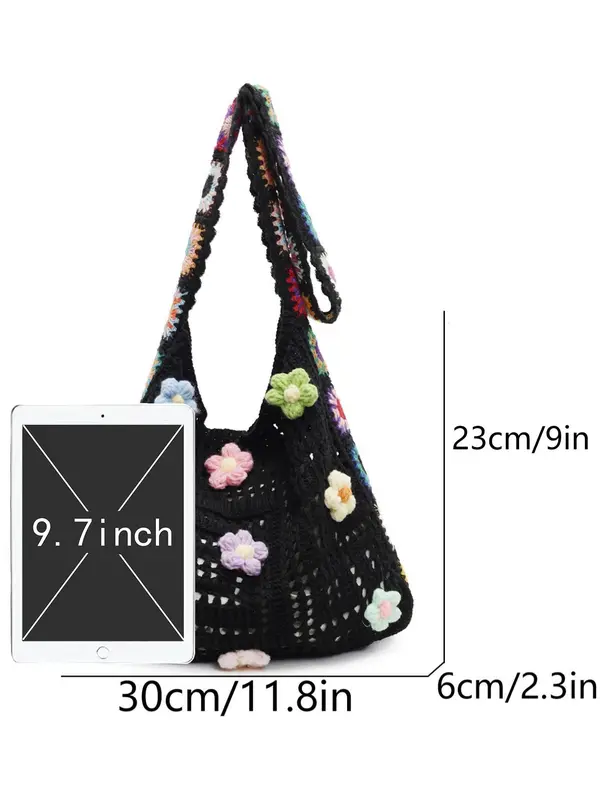 Women's Fashionable Ethnic Style Handbag, Large Capacity Shoulder Bag with Hollow-Out Knitted Design, Casual and Fashionable Crossbody Bag for Women 1
