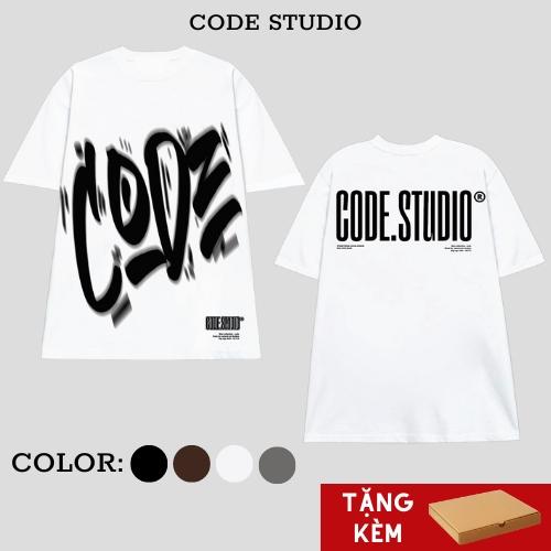 Áo thun cotton tay lỡ code vn in STUDIO Nam Cổ Tròn màu Trắng den nâu
