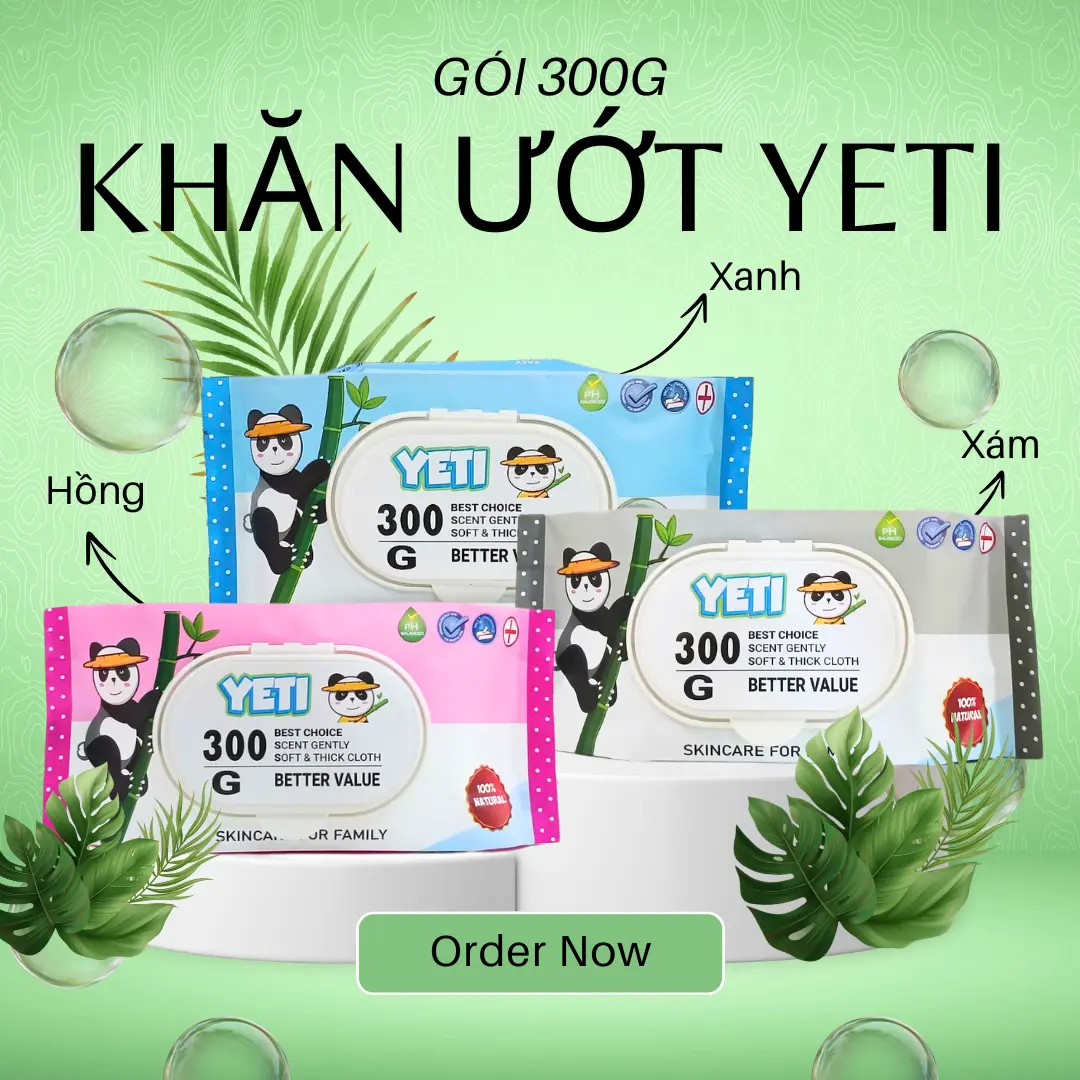Lốc 20 gói Khăn ướt YETI 300G đủ 3 màu, Không mùi, KHÔNG CỒN, CÓ THỂ DÙNG CHO BÉ, Hàng xuất Thái