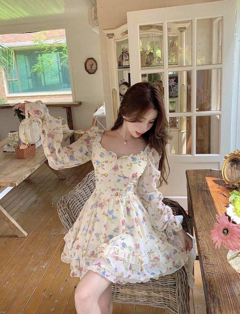 Product Introduction of Đầm Tiểu Thư Ulzzang Chất Voan Hoa Nhí Form Ngắn Xoè Tay Dài 11