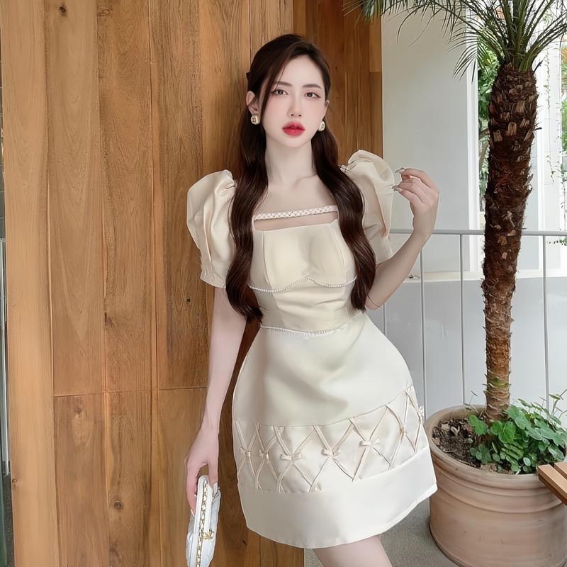 Váy Xinh Nhẹ Nhàng Vải Tafta Dáng Chữ A Tay Phồng NV530 Váy Cổ Xoắn Cách Điệu Nơ Váy Dự Tiệc Cưới Nữ Dress Đầm Women Lệch Vai