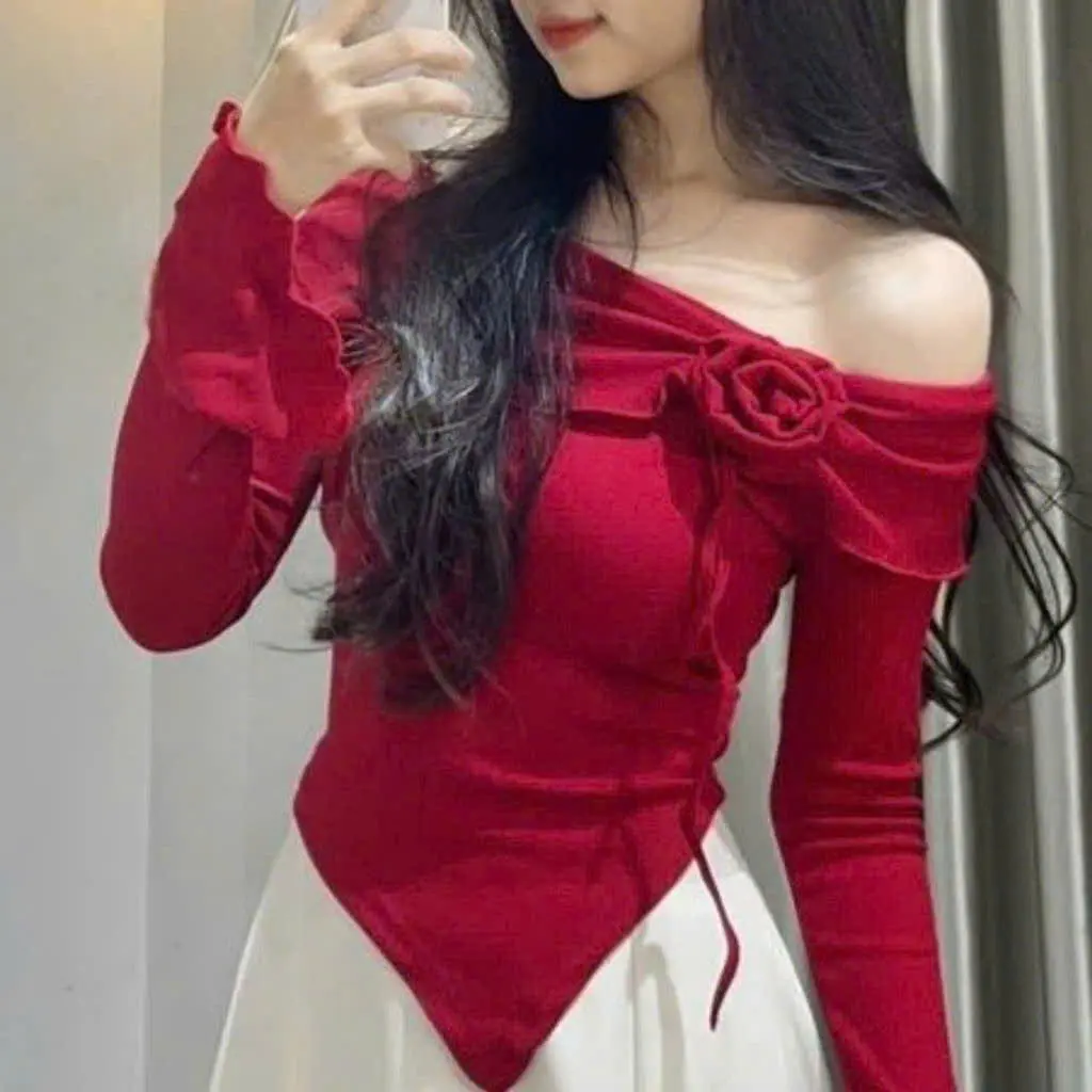 Áo kiểu douyin tay ống loe trễ vai chất thun tăm phong cách tỷ tỷ trung hoa Nữ Tay Loe A40