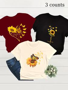 Women's Sunflower & Butterfly Print Round Neck Tee, Casual Short Sleeve Crew Neck T-shirt for Summer Daily Wear, Ladies Clothes for All Seasons, Womenswear, Tshirt, Vintage Tops