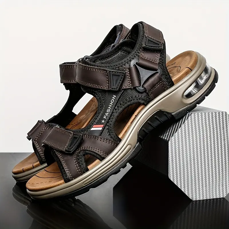 Men's Premium Leather Open-Toe Beach Sandals - Casual Summer Sport Thick Sole with Air Cushion, Adjustable Hook-and-loop Fastener Straps, Breathable Mesh Lining for Outdoor Activities, Outdoor Sandals|Adjustable Strap Sandals|Durable Constr romans  andals