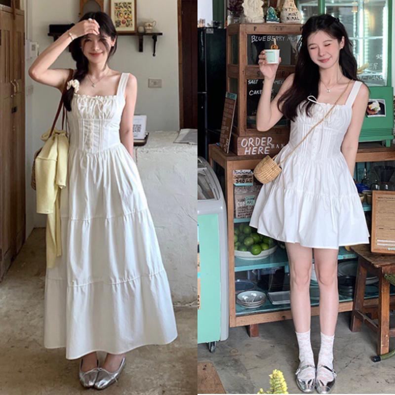  Váy Kaki Trắng 2 Dây Nhúm Ngực Ly Eo Chun Lưng Dễ Mặc 2 Form Ngắn Dài Cá Tính  Ảnh Thật Trải Sàn  Lollaye 