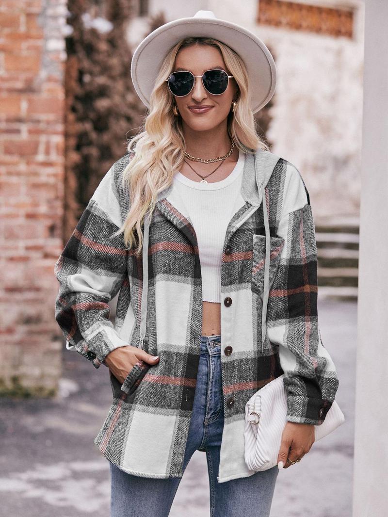 Product Introduction of Women's Plaid Print Button Front Drawstring Hooded Coat, Casual Drop Shoulder Long Sleeve Pocket Outerwear for Fall & Winter, Ladies Clothes for Daily Wear 3