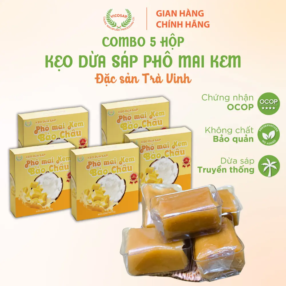 Combo 5 Hộp Kẹo dừa sáp VICOSAP vị phô mai kem cà phê muối kẹo mềm dẻo ít đường đặc sản Trà Vinh - Ăn Vặt Snack Food Candy