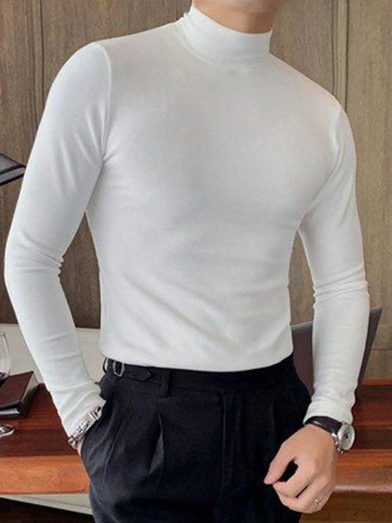 Men's Solid Mock Neck Tee, Casual Slim-fitting Long Sleeve T-shirt for Fall & Winter, Men's Clothes for Daily Wear
