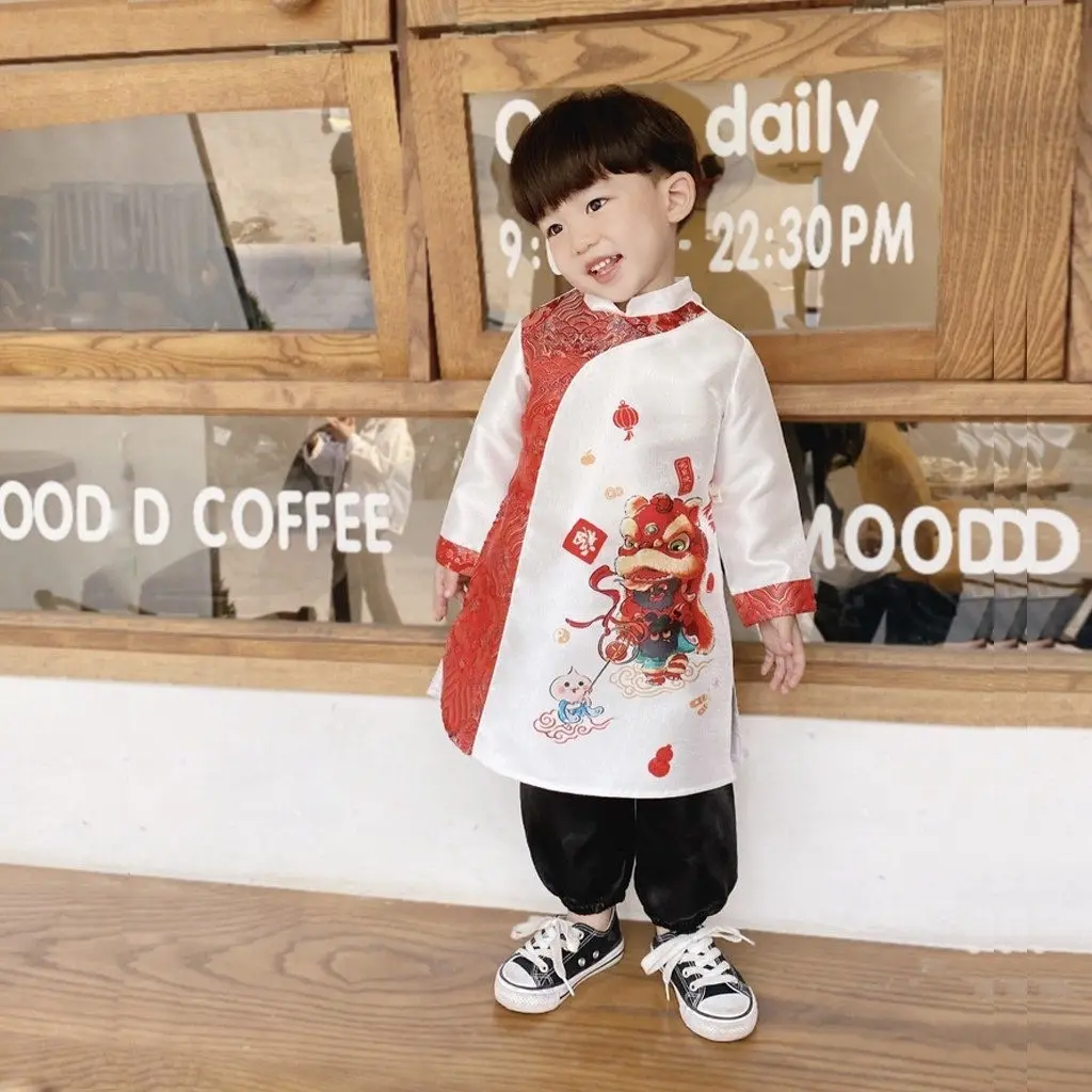 Áo dài cách tân bé trai họa tiết Lân cưỡi mây chất nhung tăm hàn cao cấp từ 9-37 kg, áo dài tết trẻ em xẻ tà