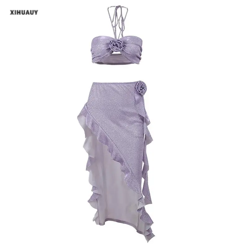 Stylish Women's 2-Piece Summer Clubwear Set with Strapless 3D Rosette Tube Top and Asymmetrical Ruffle Hem Skirt