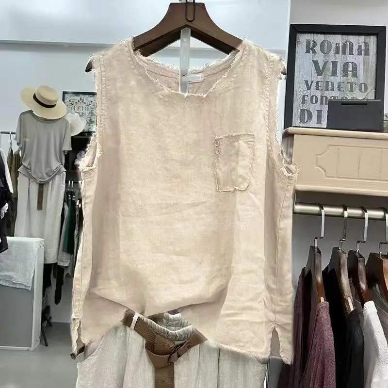Áo Vest Cổ Tròn Sờn Vải Lanh Trơn Hàng Mới Về Mùa Hè, Dành Cho Nữ, Phong Cách Unisex, Vải Lanh Cotton Nghệ Thuật, Dáng Rộng Vừa Vặn, Thời Trang, Không Tay, Áo Mỏng Top Women