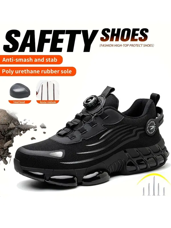 Men's Lace Up Low Top Anti Piercing & Anti Smashing Safety Shoes with Rotating Button, Casual Contrast Mesh Work Shoes, Contrast Mesh Footwear for Outdoor Closed Boy Walking Shoes Comfort Nail Bathroom 4