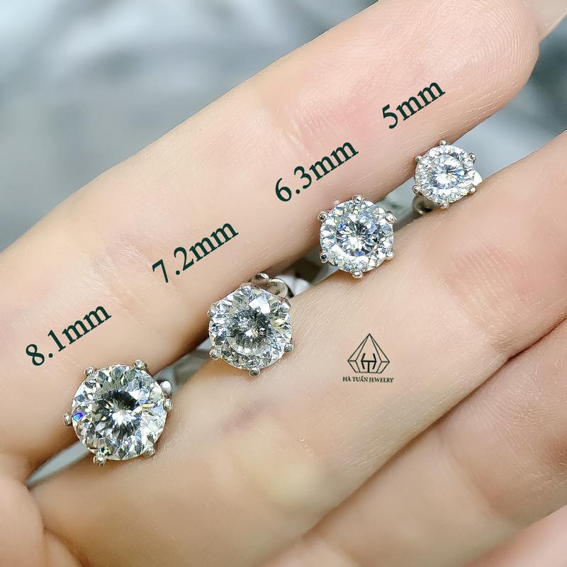 Bông Tai Nụ Bạc 925 Xi Kim Đính Đá Moissanite Trắng 161 Giác [ Chuôi Vặn ] Nam Nữ 6 Chấu  EX003 Hà Tuấn Jewelry