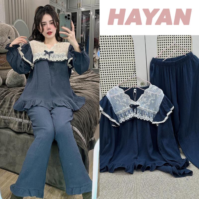 HT7011 Bộ pijama tiểu thư bánh bèo hithot sang chảnh, set đồ ngủ phối ren tay bo tôn dáng HT7011