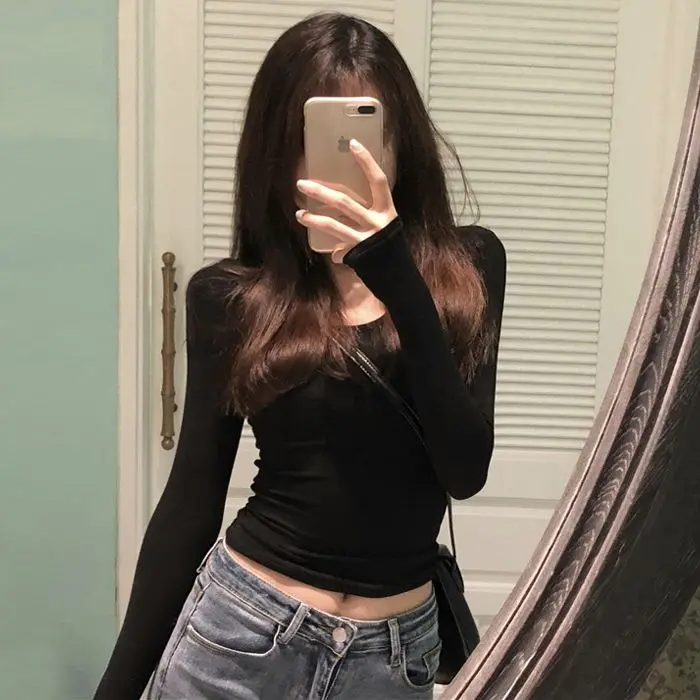 [leotard]Black Midriff-Baring Top Women's Tight Low-Necked Underwear Blouse Big U-Neck Sexy Short High Waist Slim Fit Long-Sleeved T-shirt Thin Tights