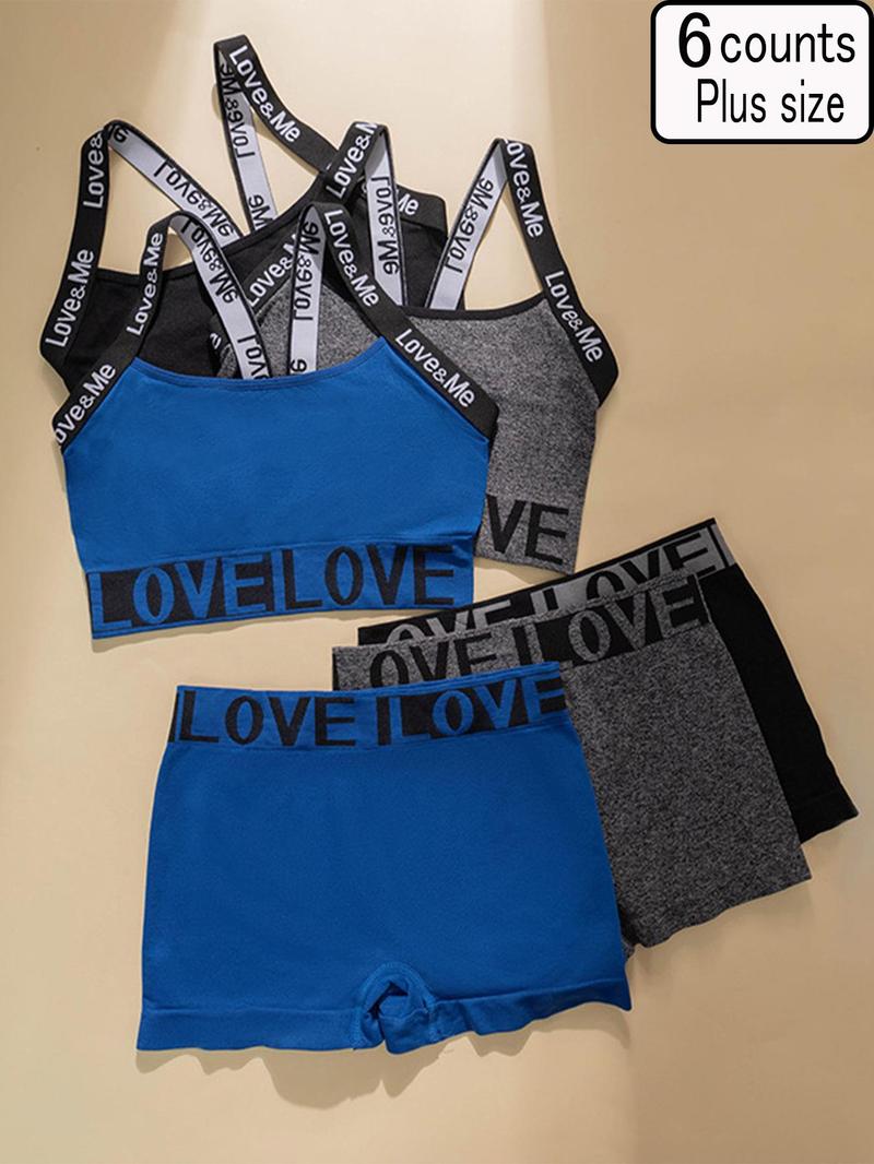 Product Introduction of 【Plus Size】 Letter Print Wireless Bra & boxer short Set, Casual Comfy Breathable Lingerie Set for Daily Wear, Women's Underwear Set for All Seasons 1