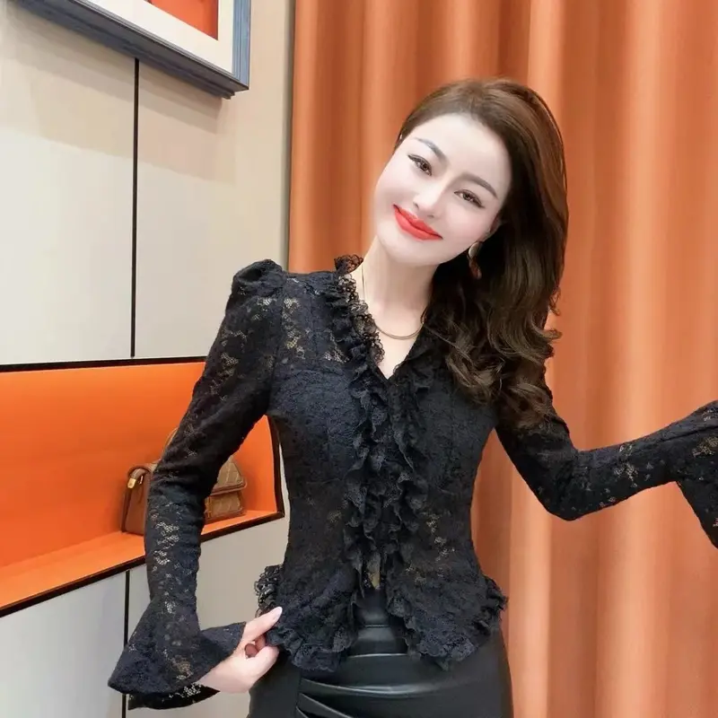 Áo Sơ Mi Ren Dài Tay Áo, Phong Cách Pháp, Chất Lượng Cao Cấp, Màu Trơn Và Cổ Chữ V, Thiết Kế Khâu, Dành Cho Nữ, Hàng Mới Về Mùa Thu, Áo Mỏng, Ins, Năm 2025 0