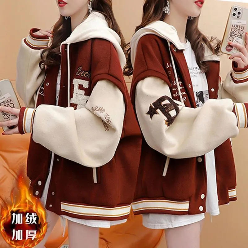 Idle Style Fleece-lined Thick Baseball Uniform Coat for Women Winter Wear New Korean Style Loose Cardigan Top Clothes Womenswear Jackets