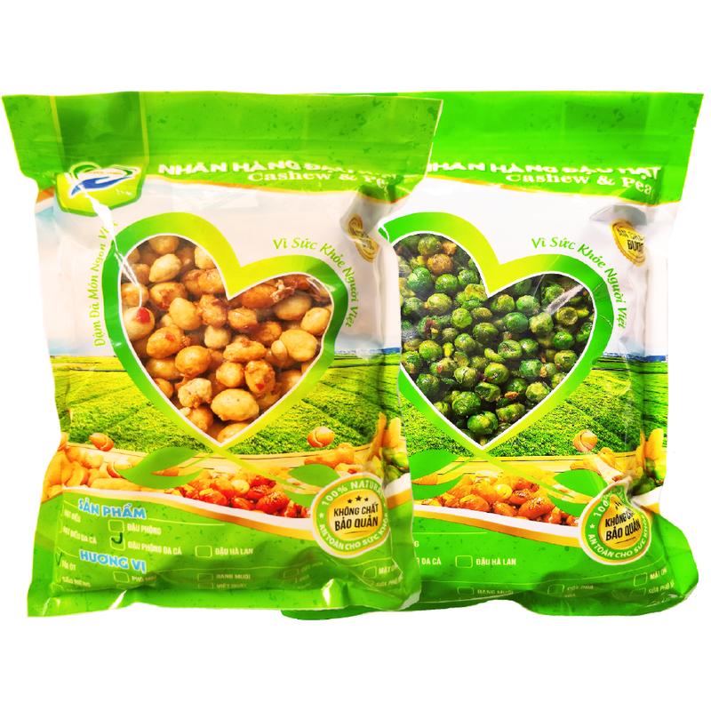 Combo 1KG: Đậu Phộng Da Cá Rang Tỏi Ớt và Đậu Hà Lan Rang Tỏi Ớt Tâm Đức Thiện 2 Túi 500GR đồ ăn vặt Snack Nuts Food Cay