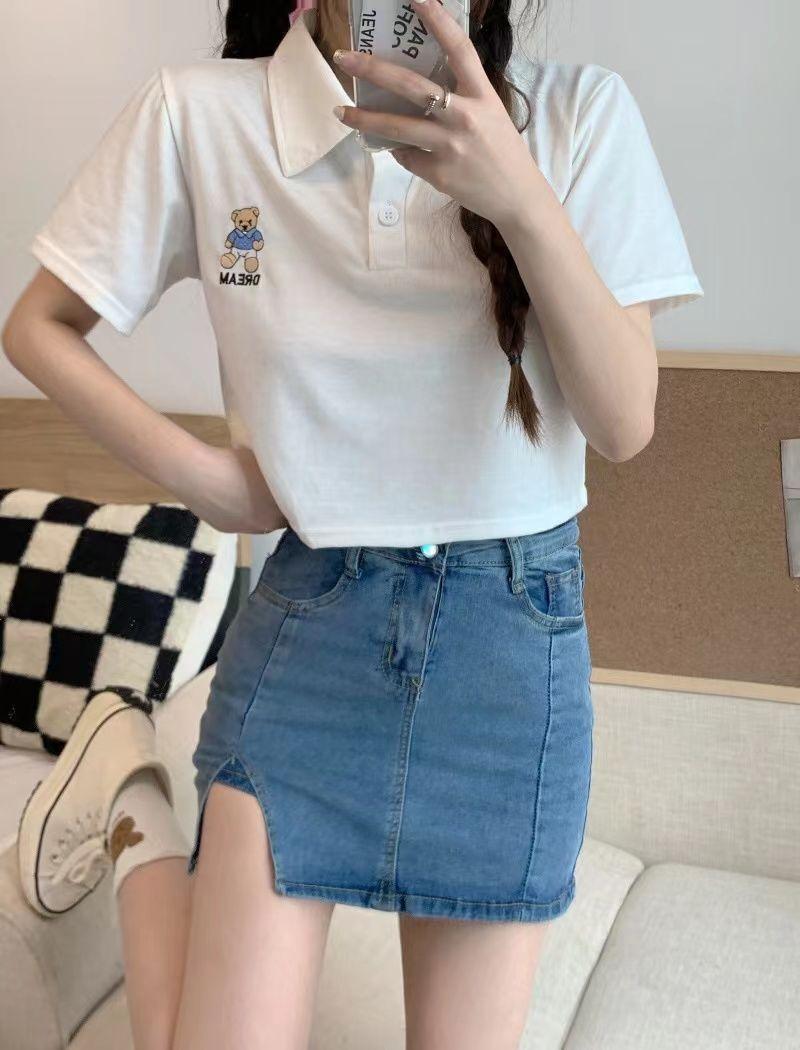 Product Introduction of Stretch Korean Style Denim Skirt Women's High Waist Anti-Exposure A- line Miniskirt and Divided Skirt Split Hip Skirt Summer 13